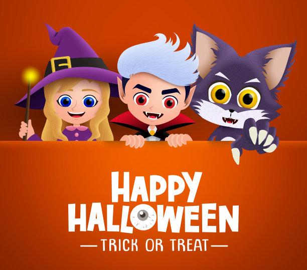 万圣节人物矢量背景快乐。万圣节快乐的trick or treat文字贺卡与三个可爱的角色。图片下载