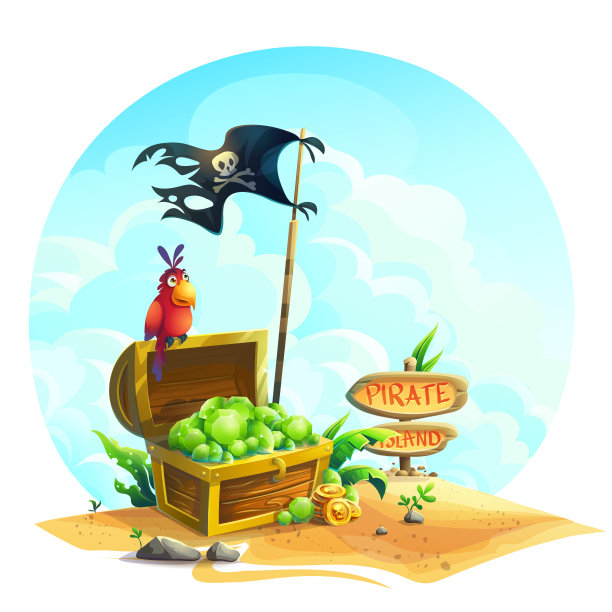 有绿宝石的箱子和一堆沙子上的鹦鹉图片下载