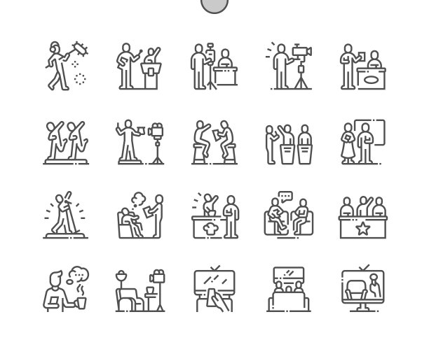 电视节目精心制作的像素完美矢量细线图标30 2x网格Web图形和应用程序。简单的最小的象形图图片下载