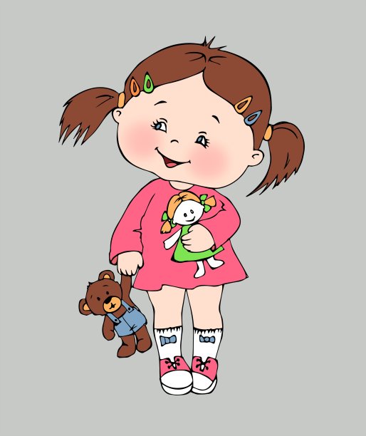可爱的女孩和玩具，泰迪熊，娃娃，玩具，玩具，顽皮的女孩，儿童，插图，着色书图片下载