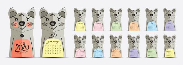 日历2020模板矢量，设置桌面日历2020与老鼠卡通风格，周开始于周日，设置12个月图片下载