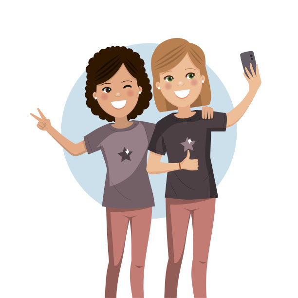 快乐的朋友在自拍。女孩们一起拍照。平面向量插图图片下载