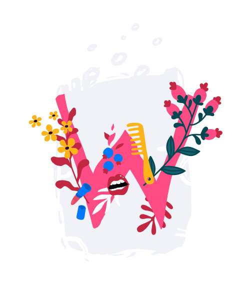 花和妇女用品中的拉丁字母W。字母在装饰元素。公司的标志。海报或字母组合。卡通风格。女厕用的盘子。图片下载