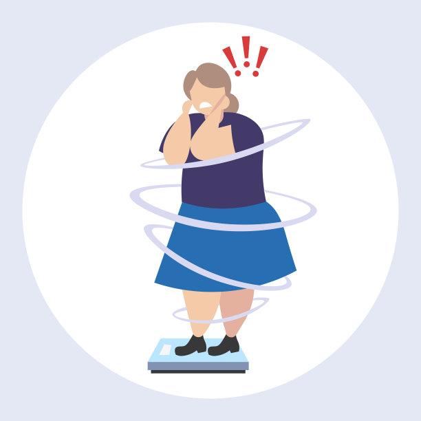 肥胖超重的女人站在体重秤不健康的生活方式肥胖体重控制概念肥胖悲伤的女孩用感叹号全长平图片下载