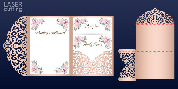 激光切割婚礼请帖矢量模板。三折口袋信封。婚礼蕾丝邀请模型与玫瑰花。图片下载