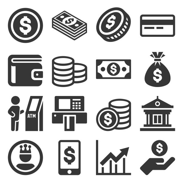 白色背景上的货币图标集矢量图图片下载