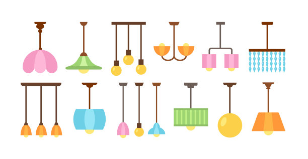 带有led灯泡的天花板吊灯。家用灯具。矢量平面图标集。孤立的对象图片下载