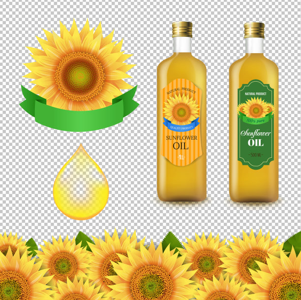向日葵和橄榄油瓶白色标签与边界隔离透明背景图片下载