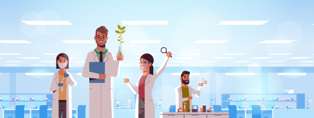 科研人员团队做实验，科学家在统一的团队一起工作，团队研究，科学概念，现代实验室室内肖像平水平图片下载