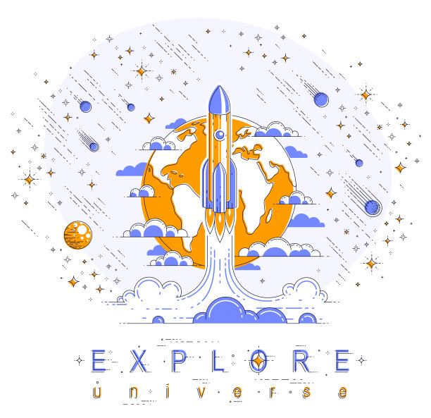 火箭飞过地球进入太空，周围环绕着彗星、小行星、流星、恒星等元素。探索宇宙，空间科学。细线3d矢量插图孤立在白色。图片下载