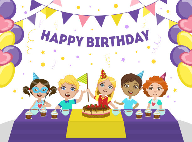 采购产品快乐的生日横幅模板，可爱的男孩和女孩庆祝派对，横幅，海报，传单，邀请卡矢量插图图片下载
