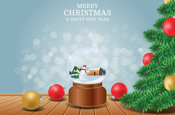 圣诞快乐，新年好，雪人和圣诞树水晶球背景，banner矢量素材图片下载