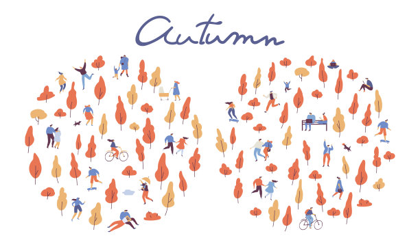 秋天的风景。各种各样的人在秋天公园的背景。图片下载