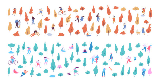 秋夏矢量公园背景。公园里有很多人。季节变化。图片下载