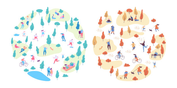 秋夏矢量公园背景。公园里有很多人。季节变化。图片下载
