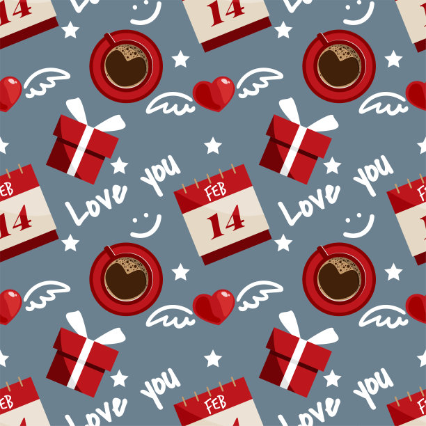 情人节无缝图案黑咖啡在杯上俯视，红心带翅膀，日历2月14日，礼盒，星星和爱你的文字。矢量插图。图片下载