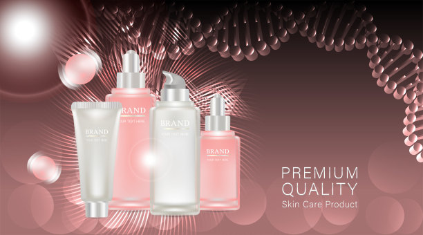 美容产品广告设计，粉色化妆品容器与胶原蛋白溶液广告背景准备使用，奢侈护肤横幅，插图向量。图片下载