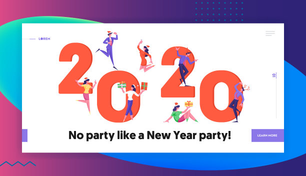 商务聚会网站登陆页。办公室新年庆祝活动。快乐的人物在圣诞老人帽庆祝公司活动在巨大的2020排版网页横幅。卡通平面矢量插图图片下载