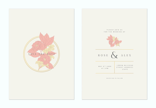 极简花卉婚礼邀请卡模板设计，山茶花和橙色茉莉花线艺术墨水画在浅棕色的红色和黄色，蜡笔复古主题图片下载