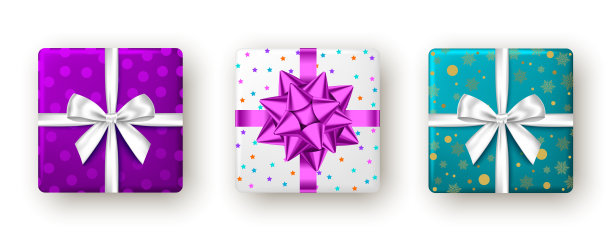 礼盒与紫色，白色丝带和蝴蝶结，俯视图。图片下载