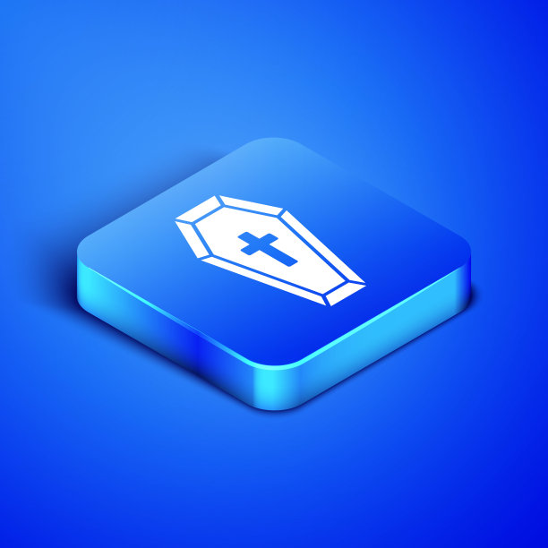 等距棺材与基督教十字架图标孤立在蓝色背景。快乐的万圣节派对。蓝色方块按钮。矢量图图片下载