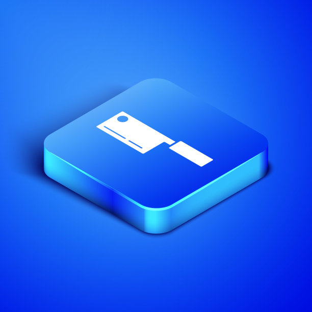 等距切割肉图标隔离在蓝色背景。菜刀用来切肉。切肉刀。快乐的万圣节派对。蓝色方块按钮。矢量图图片下载