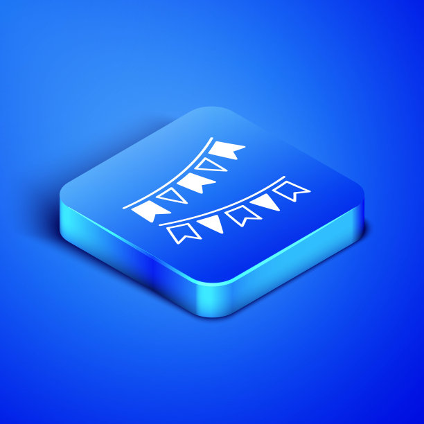 等距的狂欢节花环与旗帜图标孤立在蓝色背景。用于庆祝生日、节日和博览会装饰的派对三角旗。蓝色方块按钮。矢量图图片下载