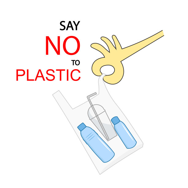 手拿着塑胶袋和塑胶水瓶，上面写着“对塑胶说不”图片下载