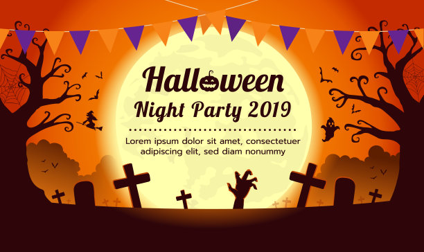万圣节模板背景在橙色主题与恐怖树在墓地和恐怖元素。图片下载