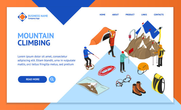 彩色登山标志3d着陆网页模板等距视图。向量图片下载