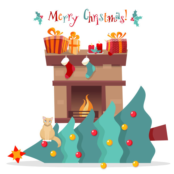 圣诞贺卡-猫掉下圣诞树，坐在它的白色背景。用槲寄生装饰的问候题词。壁炉上放着礼物和袜子。平面卡通矢量插图图片下载