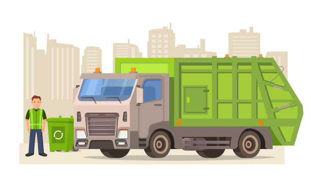垃圾车，搬运工或看门人。清理垃圾。垃圾桶。垃圾回收分类，垃圾桶绿色。矢量平面插图桌边回收容器。图片下载
