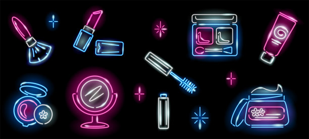 一套霓虹化妆品图标在黑色背景:睫毛膏，眼影，粉末，镜子，奶油罐，口红，管，刷子。化妆，时尚，美丽，女孩，女士，女人的概念。矢量10 EPS插图。图片下载