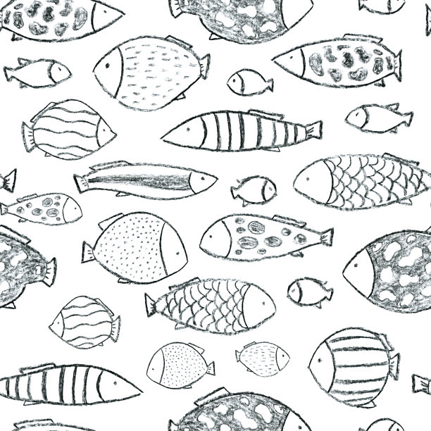 许多鱼在海里游泳，海洋，水族箱。无缝模式。用煤手绘的。用于鱼类，海鲜餐厅菜单，卡片，包装纸，织物印刷，衬衫，书籍杂志封面。图片下载