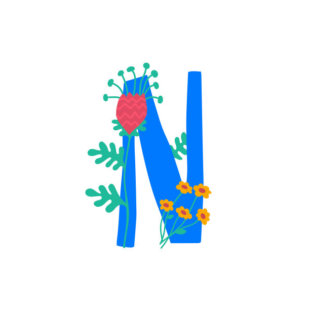 花和植物中的拉丁字母N字母在装饰元素中的铭文。公司的标志。海报或字母组合。图片下载