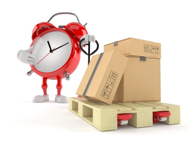 闹钟性格与手托盘卡车与纸板箱图片下载