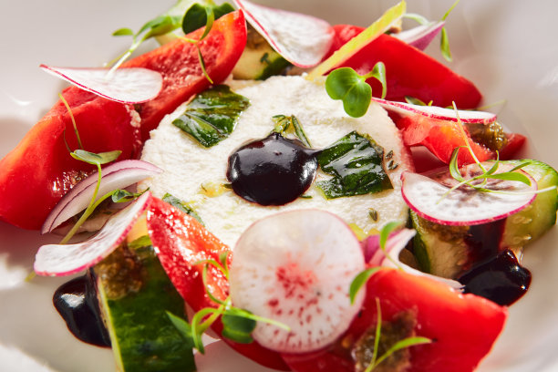 新鲜蔬菜沙拉和意大利乳清干酪配香草图片下载