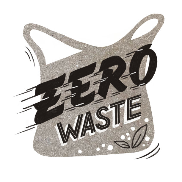 零浪费字母标题标志黑色和生态袋在白色背景。图片下载