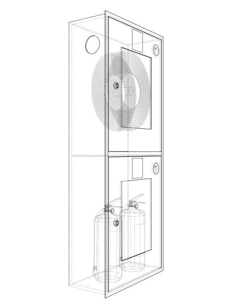 消防水龙带柜中的消防工具。向量图片下载