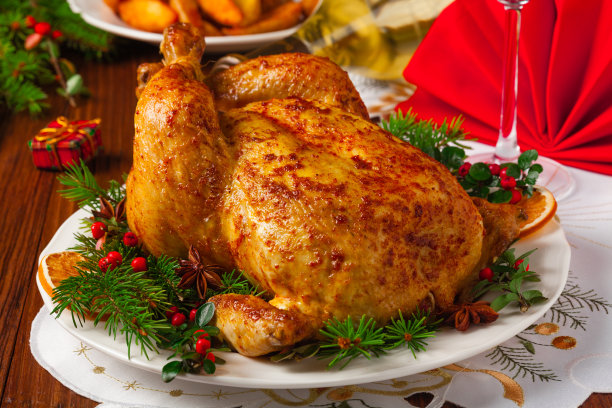 圣诞装饰烤鸡。图片下载