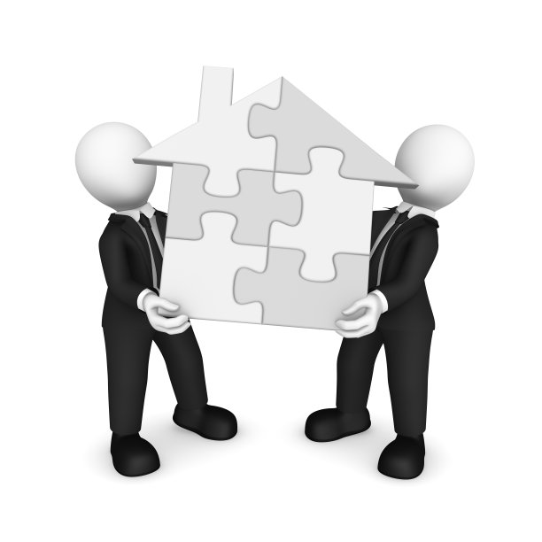 3d工人持有房屋拼图，团队合作图片下载