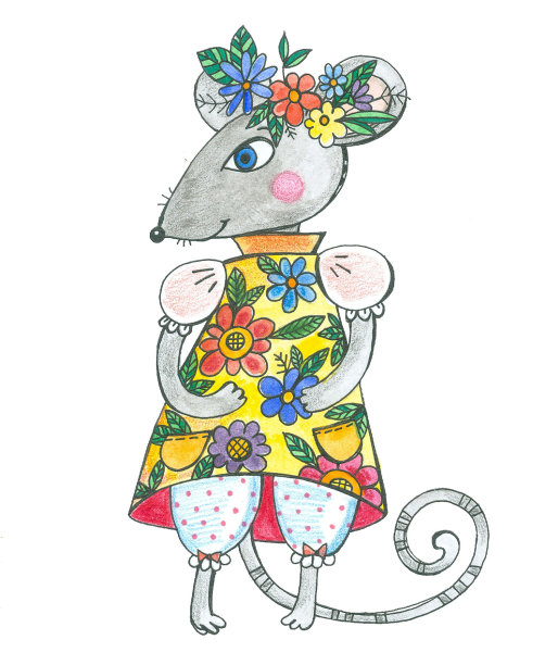 老鼠穿着裙子和带花的水彩画图片下载