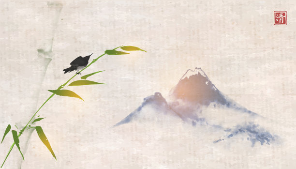 鸟栖竹树幽蓝山。传统的东方水墨画粟娥、月仙、围棋。象形文字,清晰素材图片