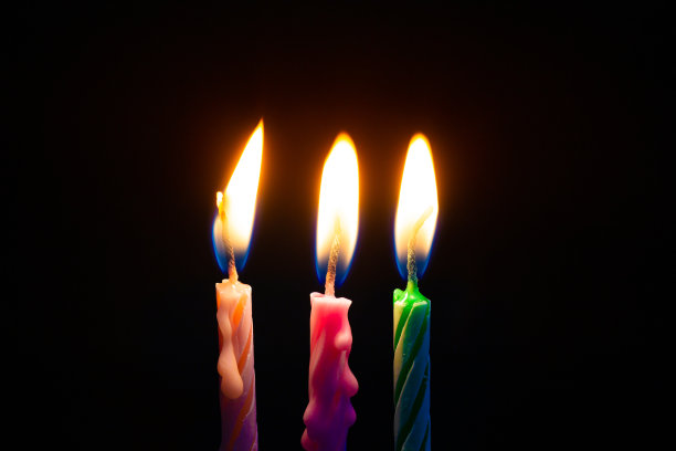 三支生日蜡烛在黑色背景细节艺术图片下载