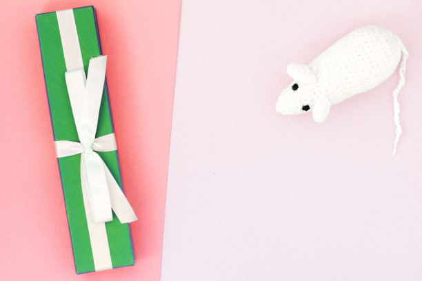 白色钩针老鼠和绿色礼盒上的纸背景。鼠标符号2020年新年。俯视图，复制空间图片下载