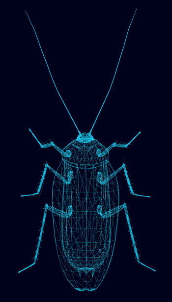黑色背景上一只蓝色线条的蟑螂的多边形线框。从以上观点。矢量插图。图片下载