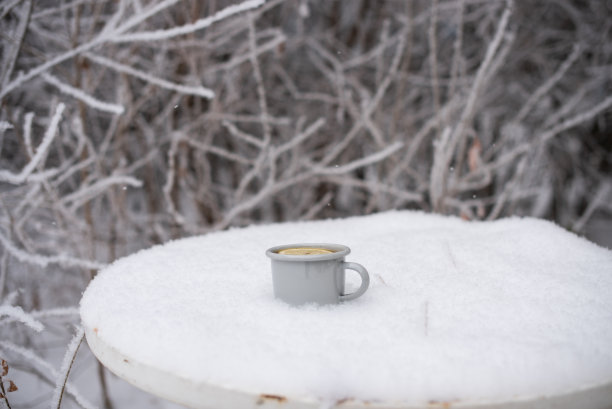 在冬天森林里的一张桌子上，在雪地里喝着一杯茶图片下载