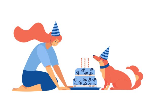 孤立的白色背景场景与狗和他的主人庆祝宠物生日。大蛋糕和蜡烛。扁平的概念插图与姜朋友的人物。图片下载