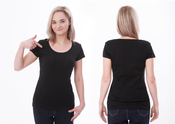 衬衫设计和人的概念-近距离的年轻女子在空白的白色t恤的前面和后面孤立。模拟模板的设计打印图片下载