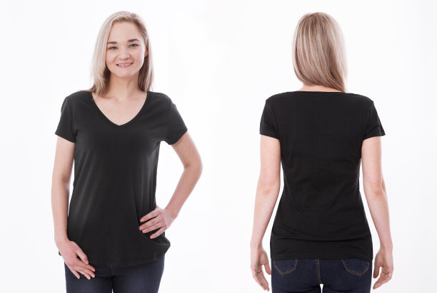 衬衫设计和人的概念-近距离的年轻女子在空白的白色t恤的前面和后面孤立。模拟模板的设计打印图片下载